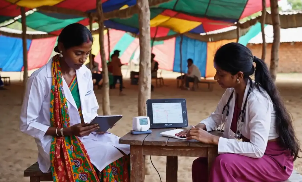 Health worker using iaX reader at a rural clinic in India